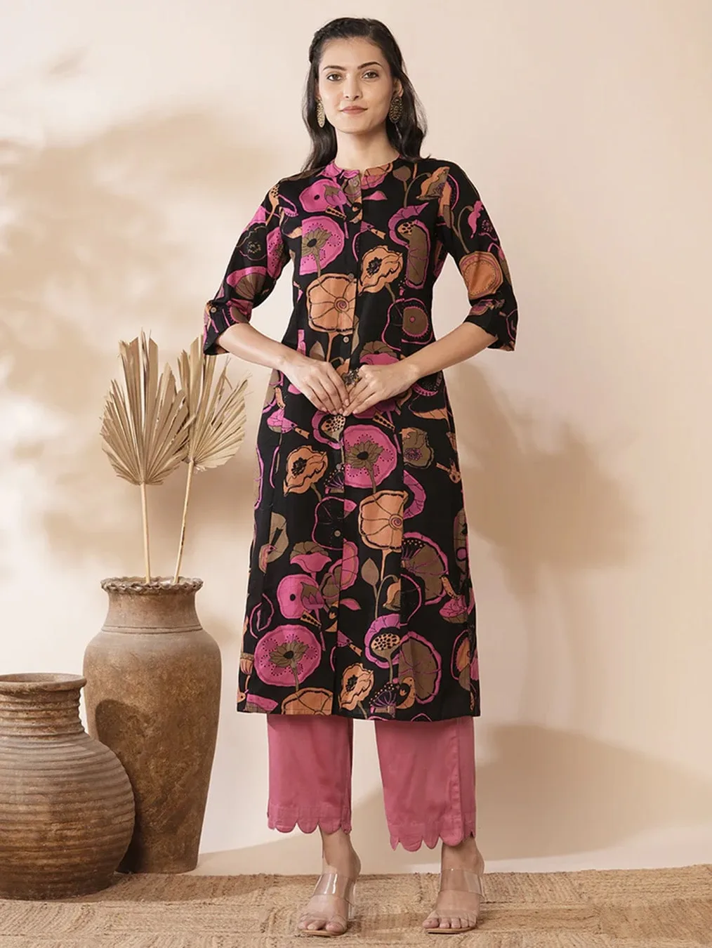 Black Floral Print Ethnic Costume